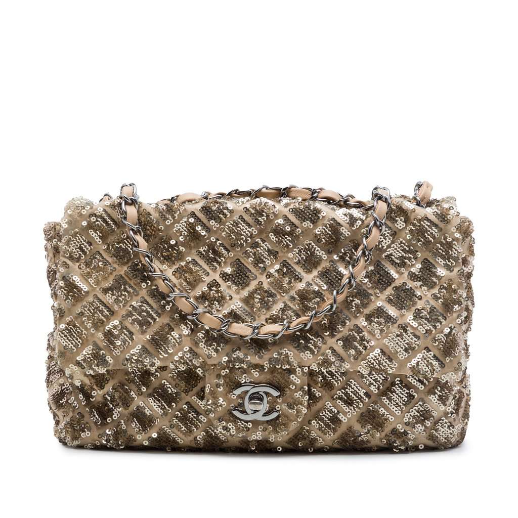 Chanel CC Quilted Sequin Embellished Satin Flap Beige Very good - Front View