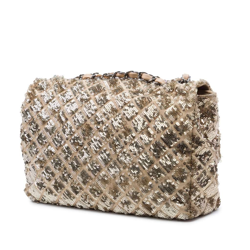 Chanel CC Quilted Sequin Embellished Satin Flap Beige Very good - Back View