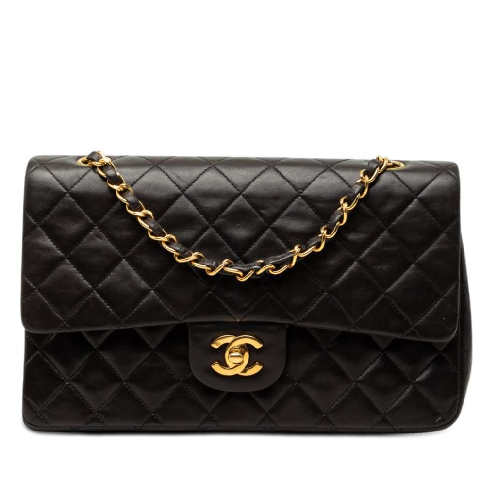 Chanel Medium Classic Lambskin Double Flap Black Leather Very good - Front View