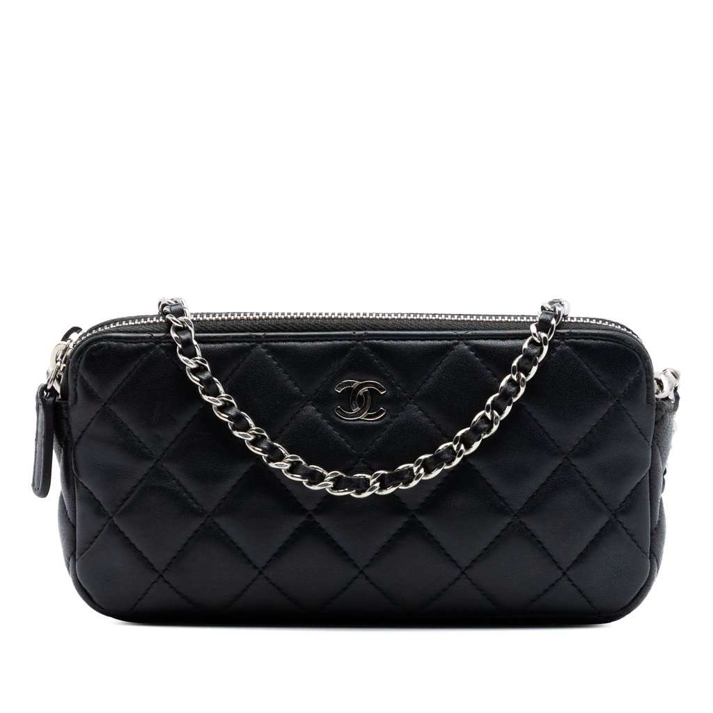 Chanel CC Quilted Lambskin Double Zip Clutch With Chain Black Leather Very good condition - Front View