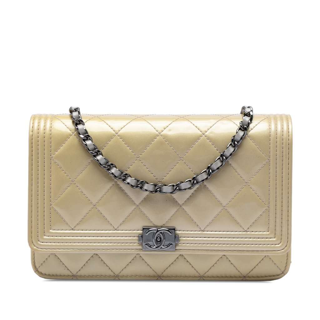 Chanel Quilted Patent Boy Wallet on Chain Beige Leather Very good condition - Front View