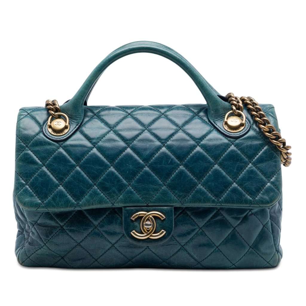 Chanel Medium Glazed Calfskin Castle Rock Top Handle Flap Blue Leather Very good - Front View