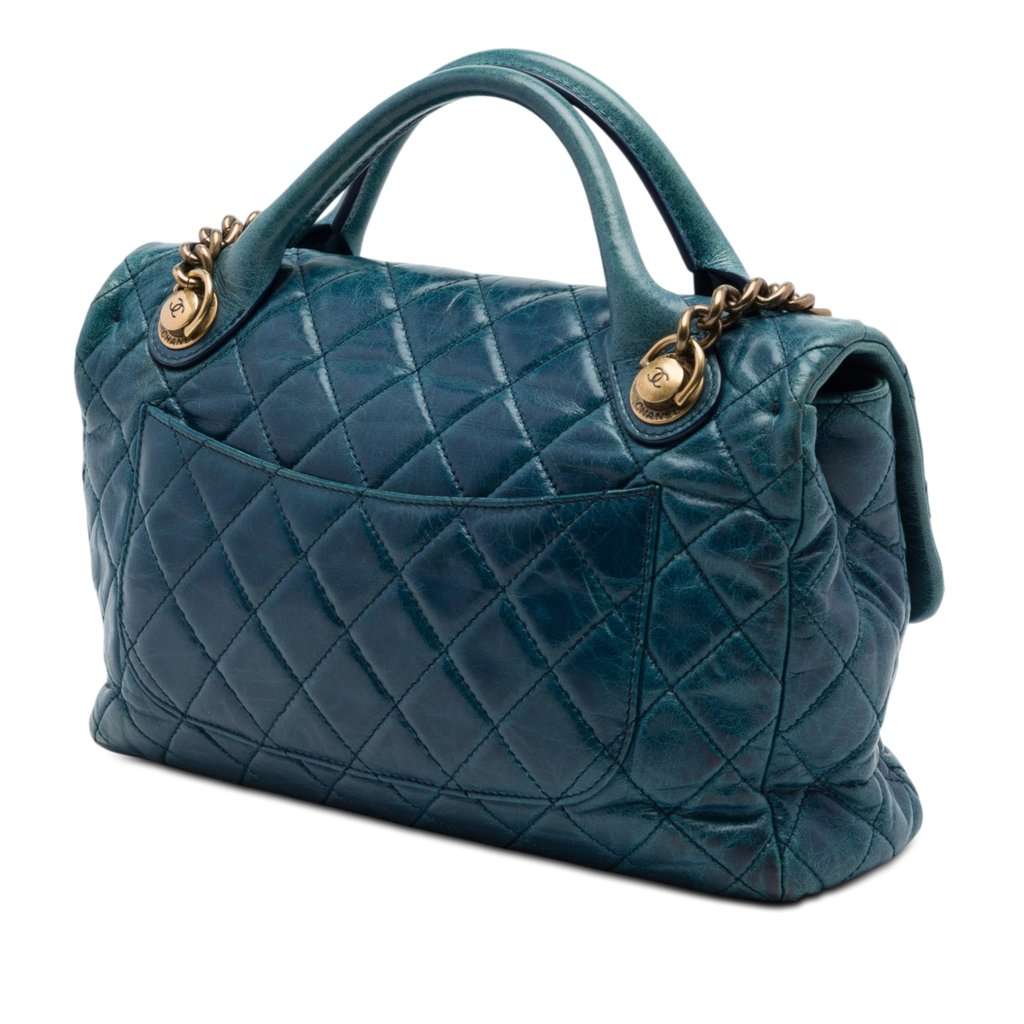 Chanel Medium Glazed Calfskin Castle Rock Top Handle Flap Blue Leather Very good - Back View
