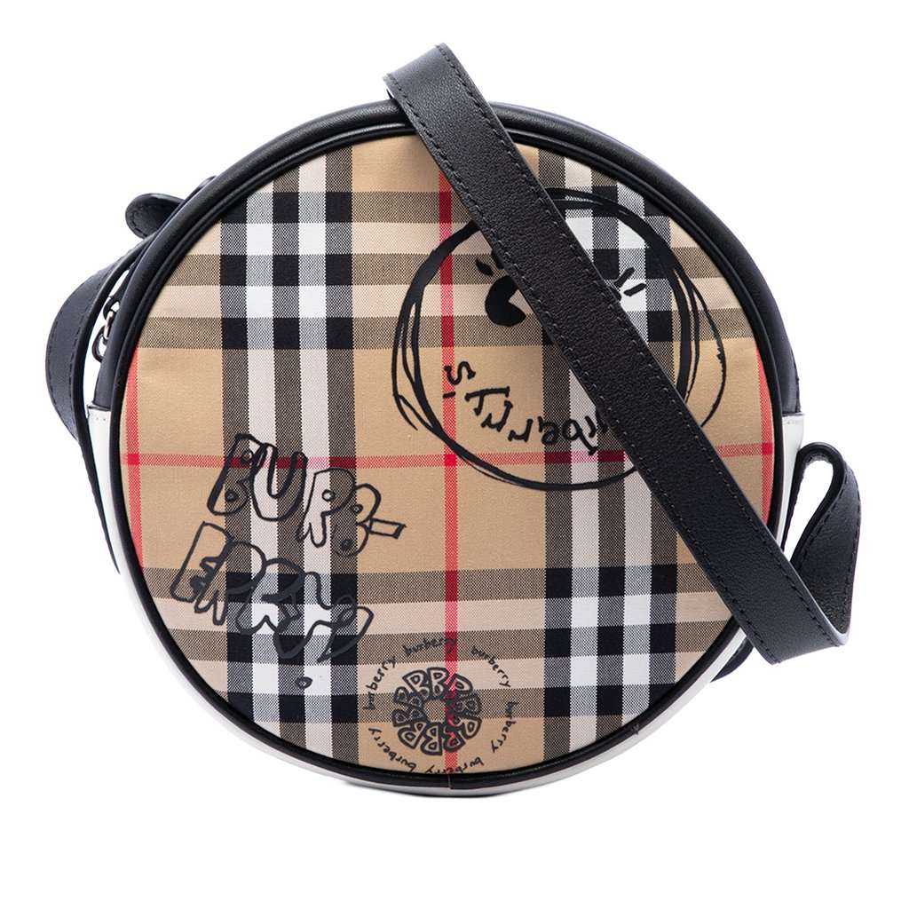 Burberry House Check Canvas and Calfskin Cartoon Print Round Crossbody Beige Very good condition - Front View