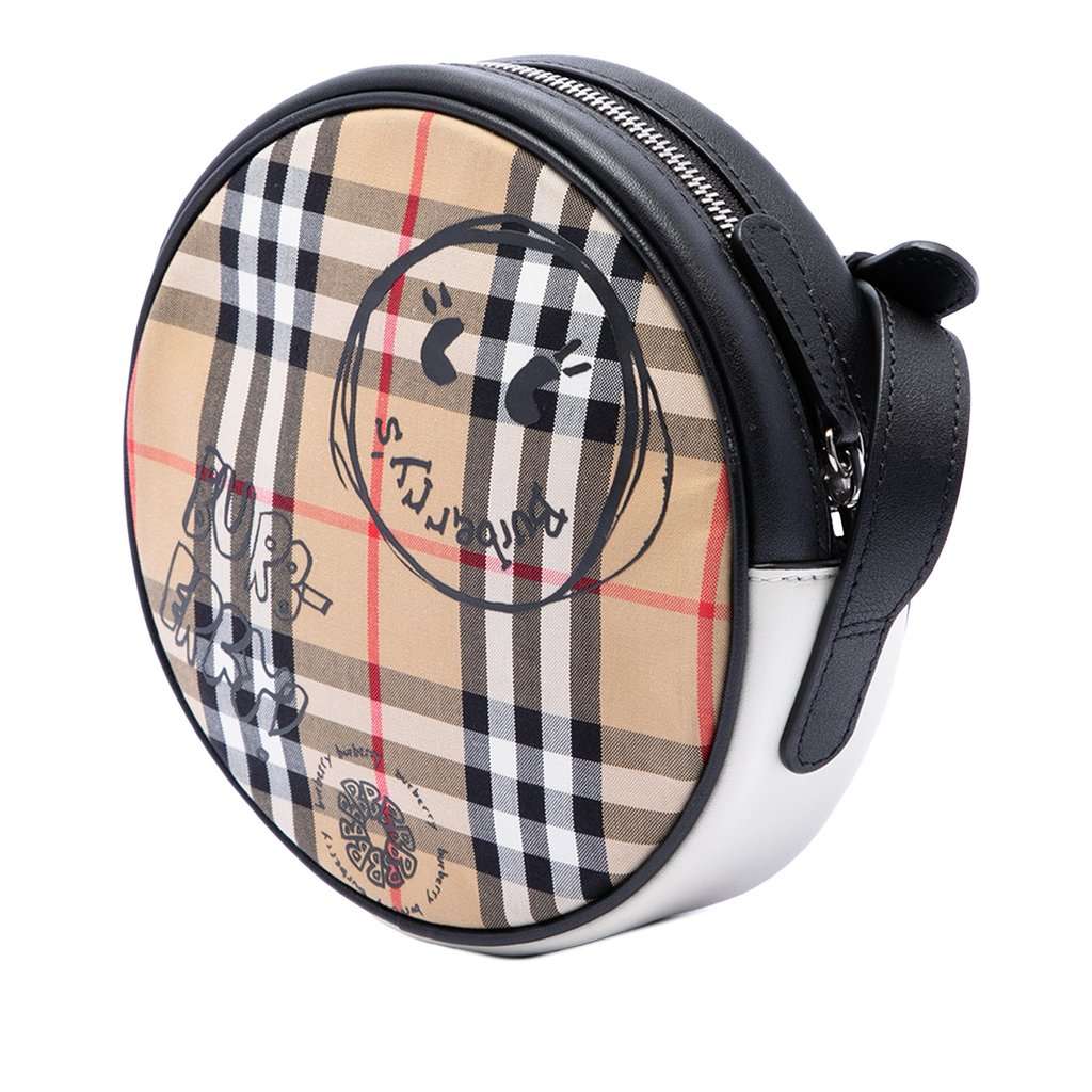 Burberry House Check Canvas and Calfskin Cartoon Print Round Crossbody Beige Very good condition - Back View