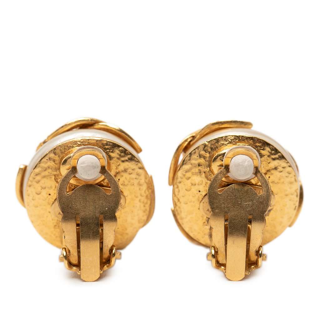 Chanel Gold Plated Triple CC Faux Pearl Clip On Earrings Gold Metal Very good condition - Back View