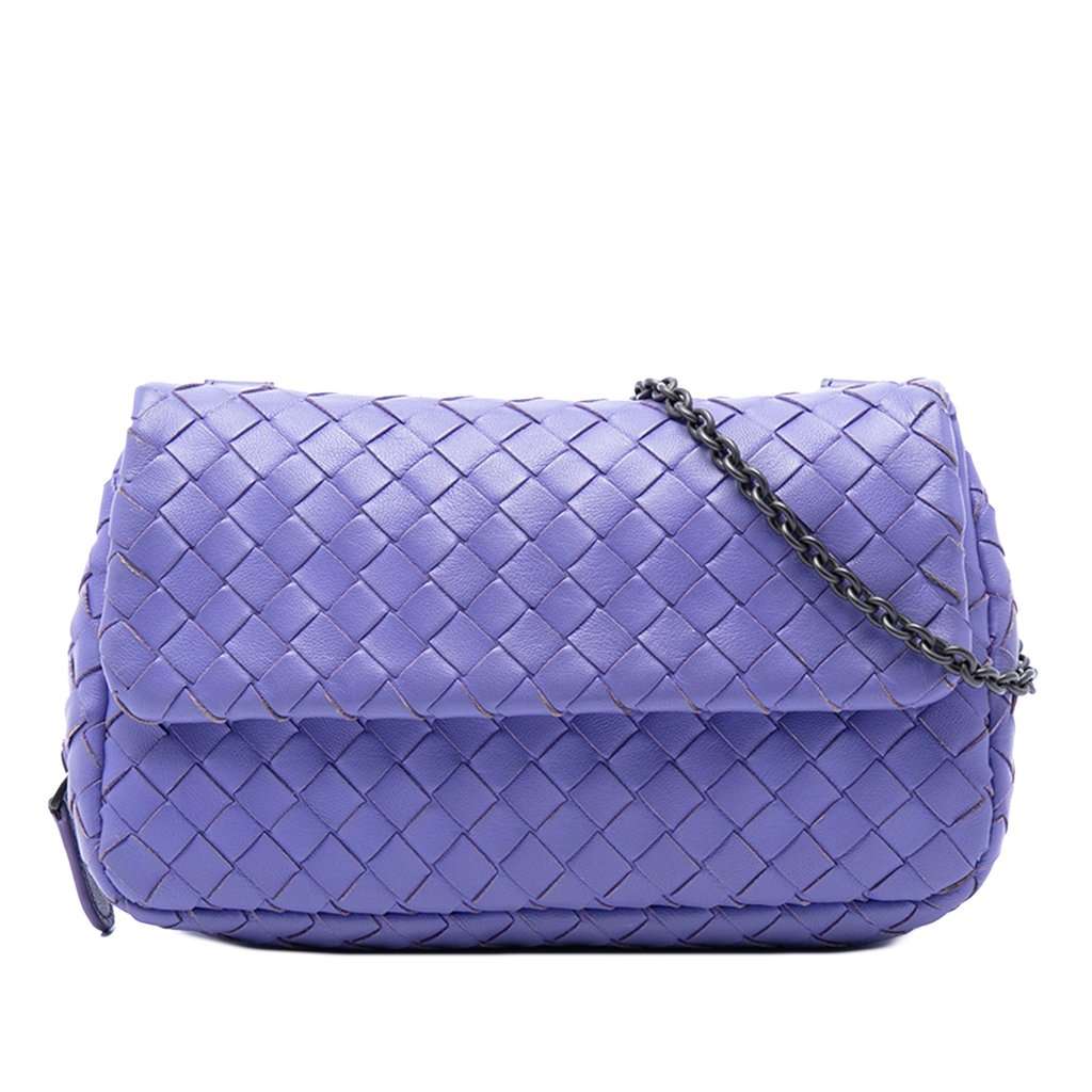 Bottega Veneta Mini Nappa Intrecciato Expandable Chain Flap Crossbody Purple Leather Very good - Front View