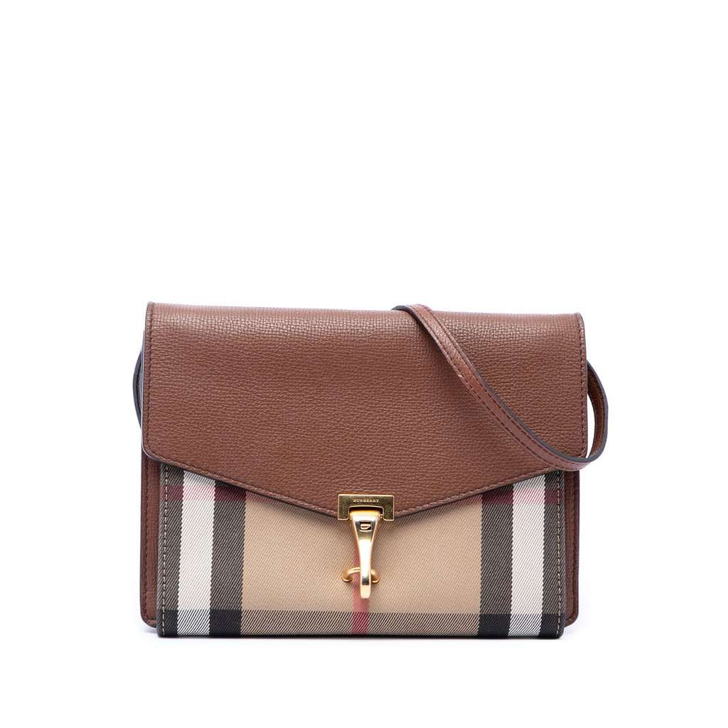 Burberry Small Leather and House Check Canvas Derby Macken Crossbody Brown Very good - Front View
