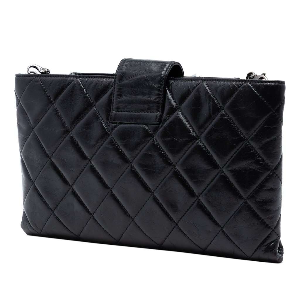 Chanel Quilted Glazed Calfskin Coco Pleats Chain Clutch Black Leather Very good condition - Back View