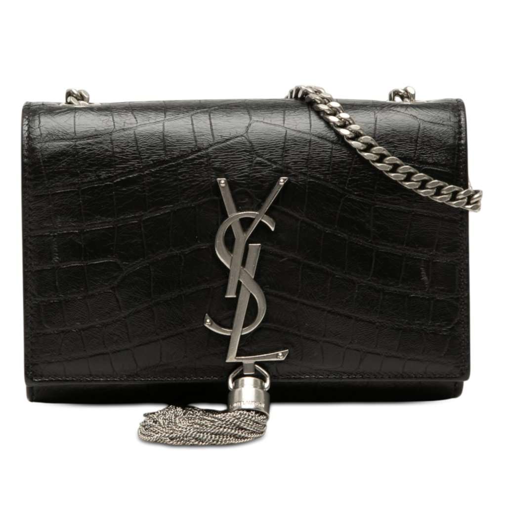 Saint Laurent Small Croc Embossed Leather Monogram Kate Tassel Crossbody Black Leather Very good condition - Front View