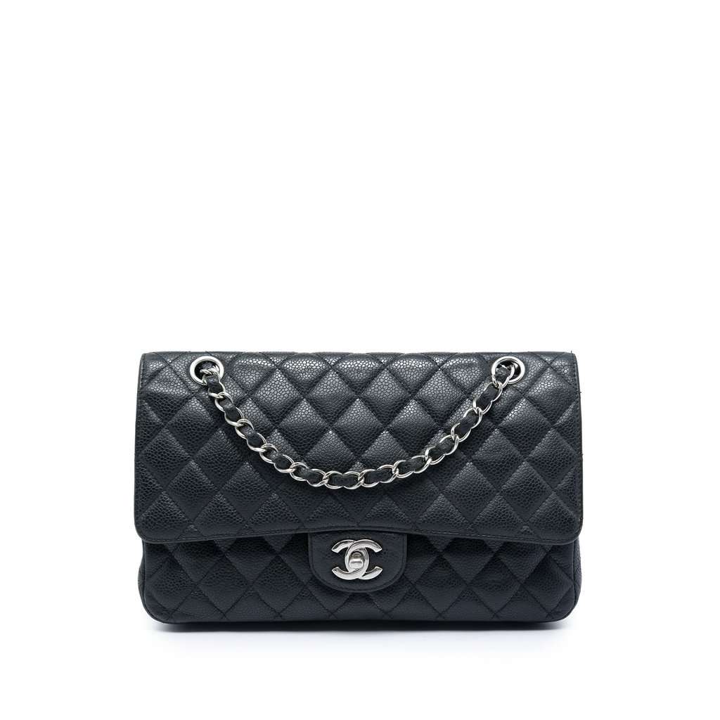 Chanel Medium Classic Caviar Double Flap Black Leather Very good - Front View