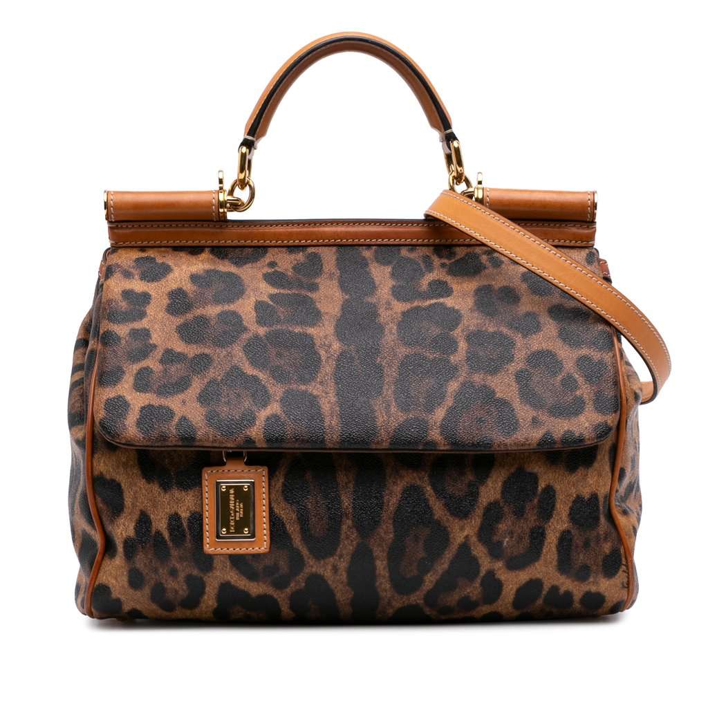 Dolce & Gabbana Large Leopard Print Coated Canvas Miss Sicily Satchel Brown Very good - Front View
