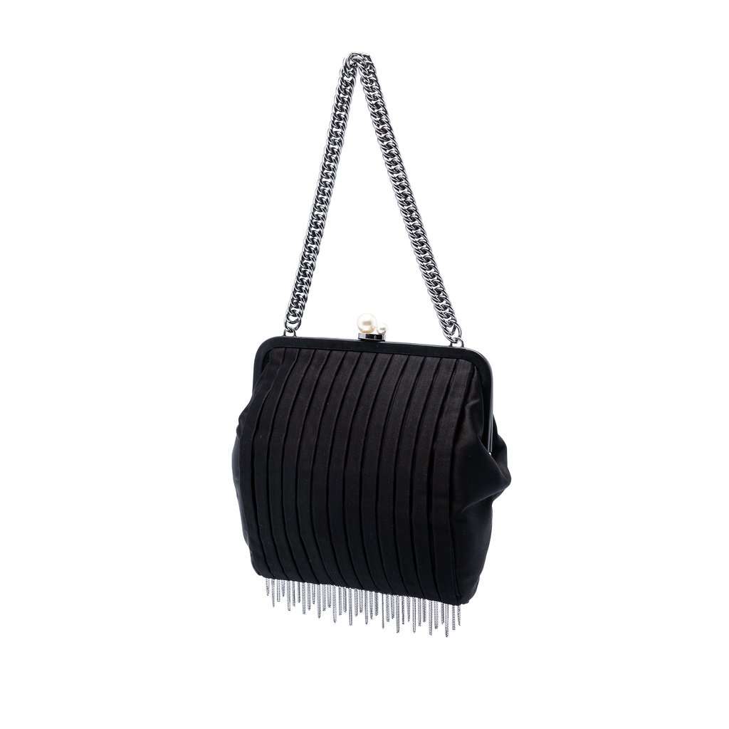 Chanel Pleated Satin Frame Pearl Chain Fringe Shoulder Bag Black Very good condition - Back View