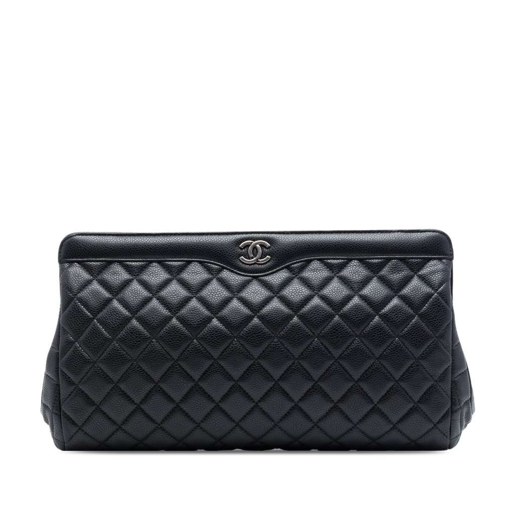 Chanel Large CC Quilted Caviar Frame Clutch Black Leather Very good - Front View