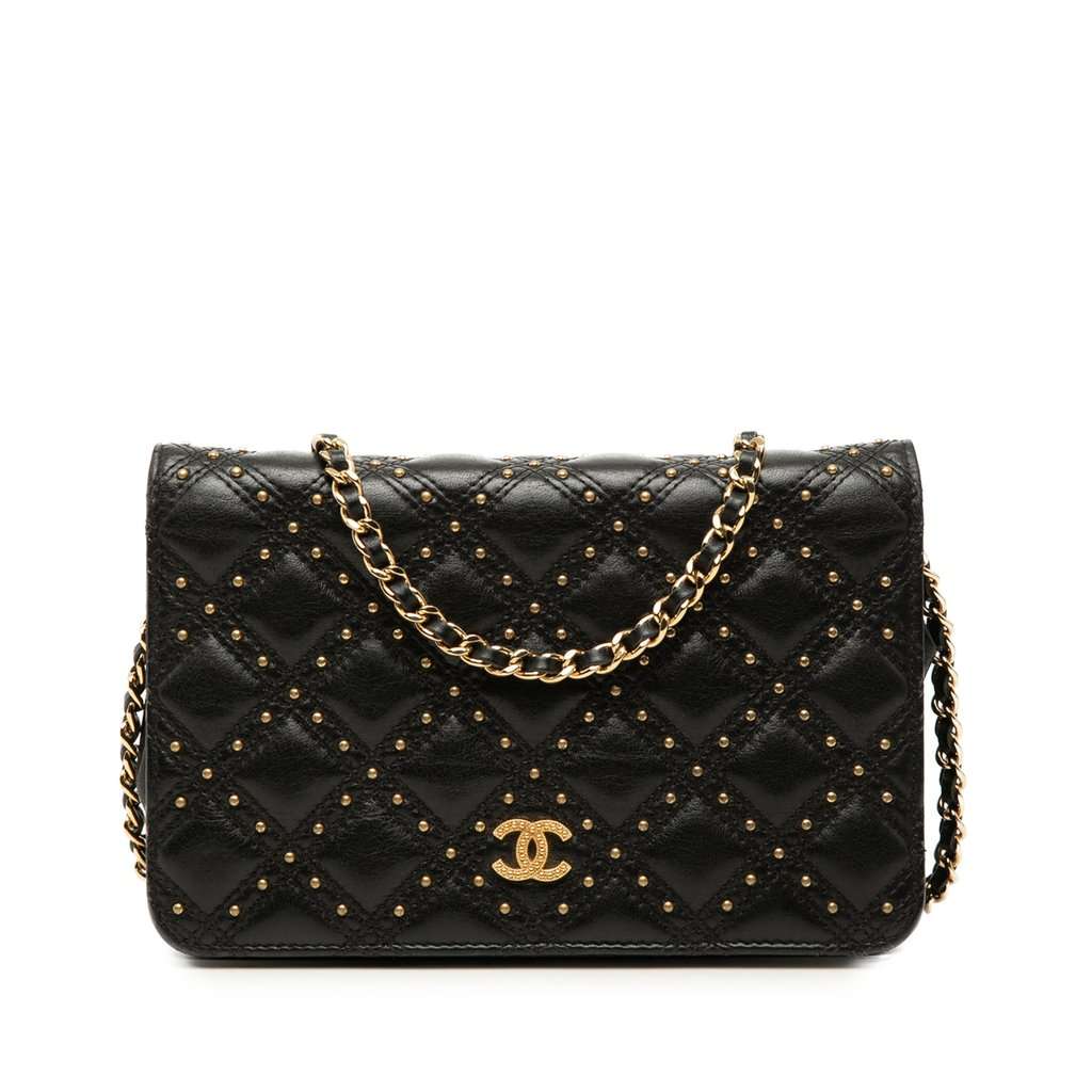 Chanel CC Lambskin Studded Diamond Stitch Wallet On Chain Black Leather Very good condition - Front View