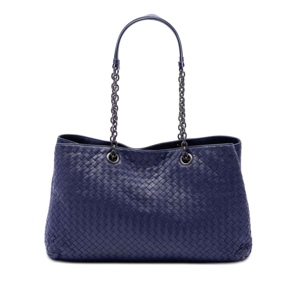 Bottega Veneta Large Nappa Intrecciato Double Chain Tote Blue Leather Very good condition - Front View