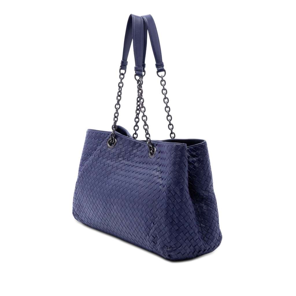 Bottega Veneta Large Nappa Intrecciato Double Chain Tote Blue Leather Very good condition - Back View
