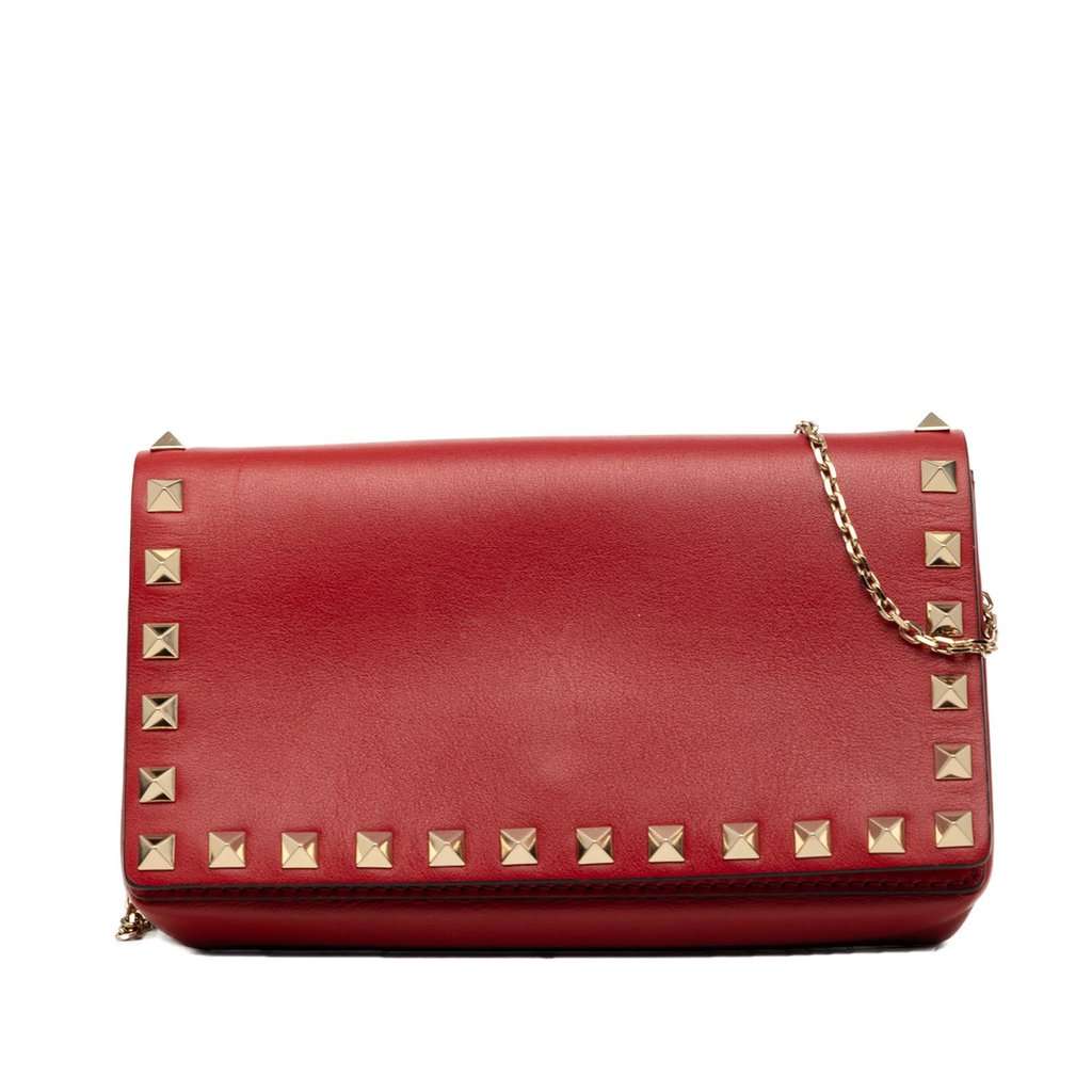 Valentino Leather Rockstud Chain Flap Crossbody Red Leather Very good - Front View