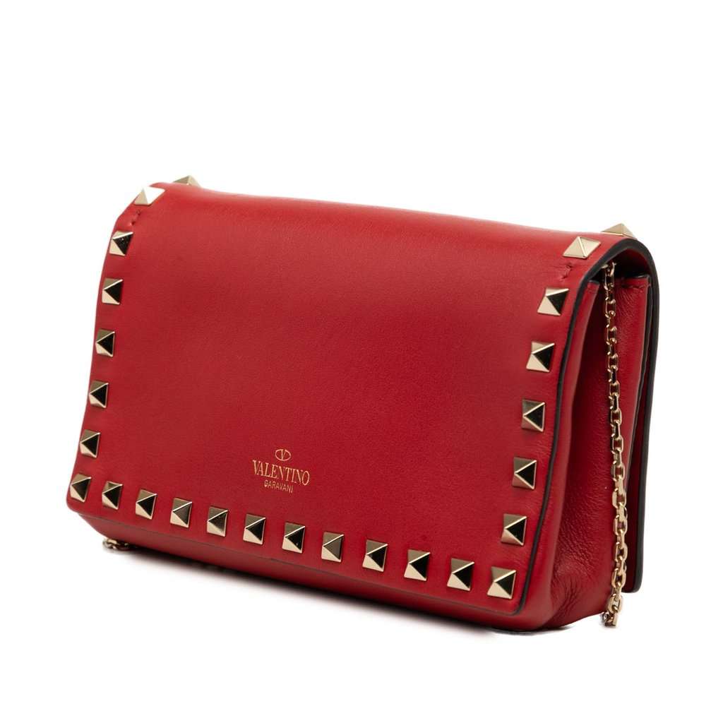 Valentino Leather Rockstud Chain Flap Crossbody Red Leather Very good - Back View