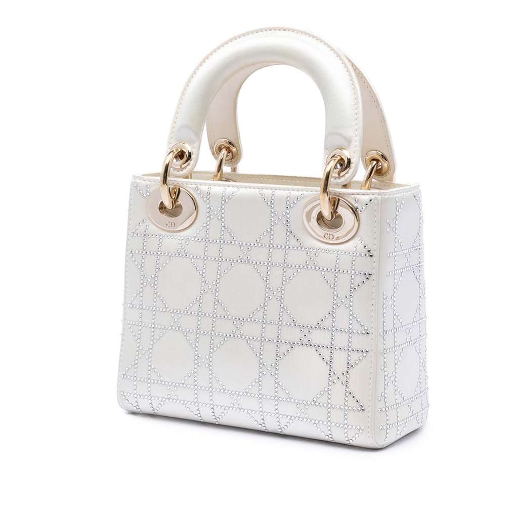 Dior Mini Satin Cannage Crystal Embellished Lady Dior White Very good condition - Back View