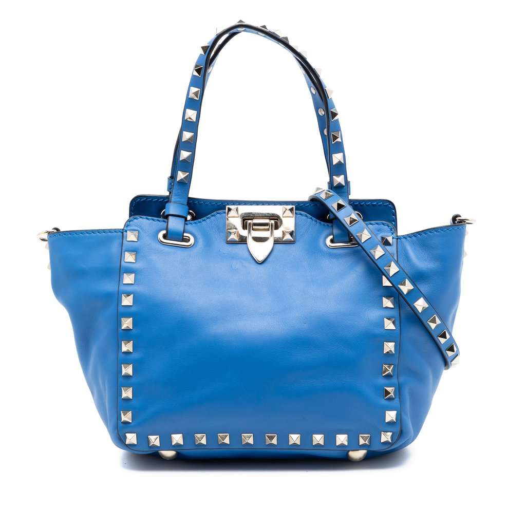 Valentino Mini Leather Rockstud Trapeze Satchel Blue Leather Very good condition - Front View