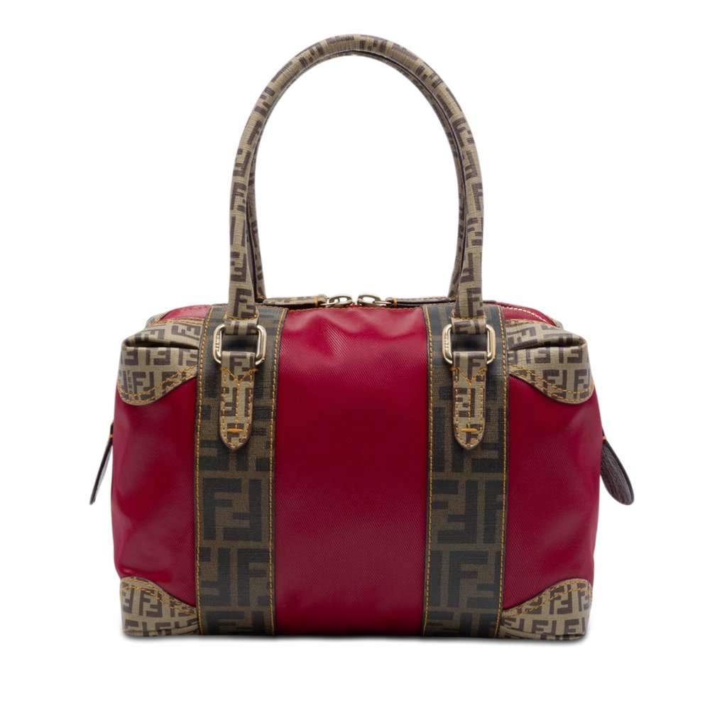 Fendi Zucca Trimmed Coated Canvas Mixed Media Boston Bag Red Very good - Front View