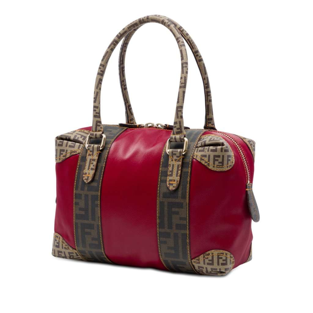 Fendi Zucca Trimmed Coated Canvas Mixed Media Boston Bag Red Very good - Back View