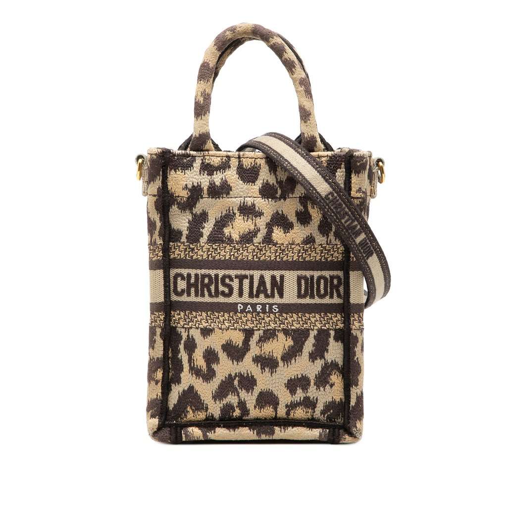 Dior Mizza Mini Embroidered Canvas Leopard Vertical Book Tote Beige Very good condition - Front View