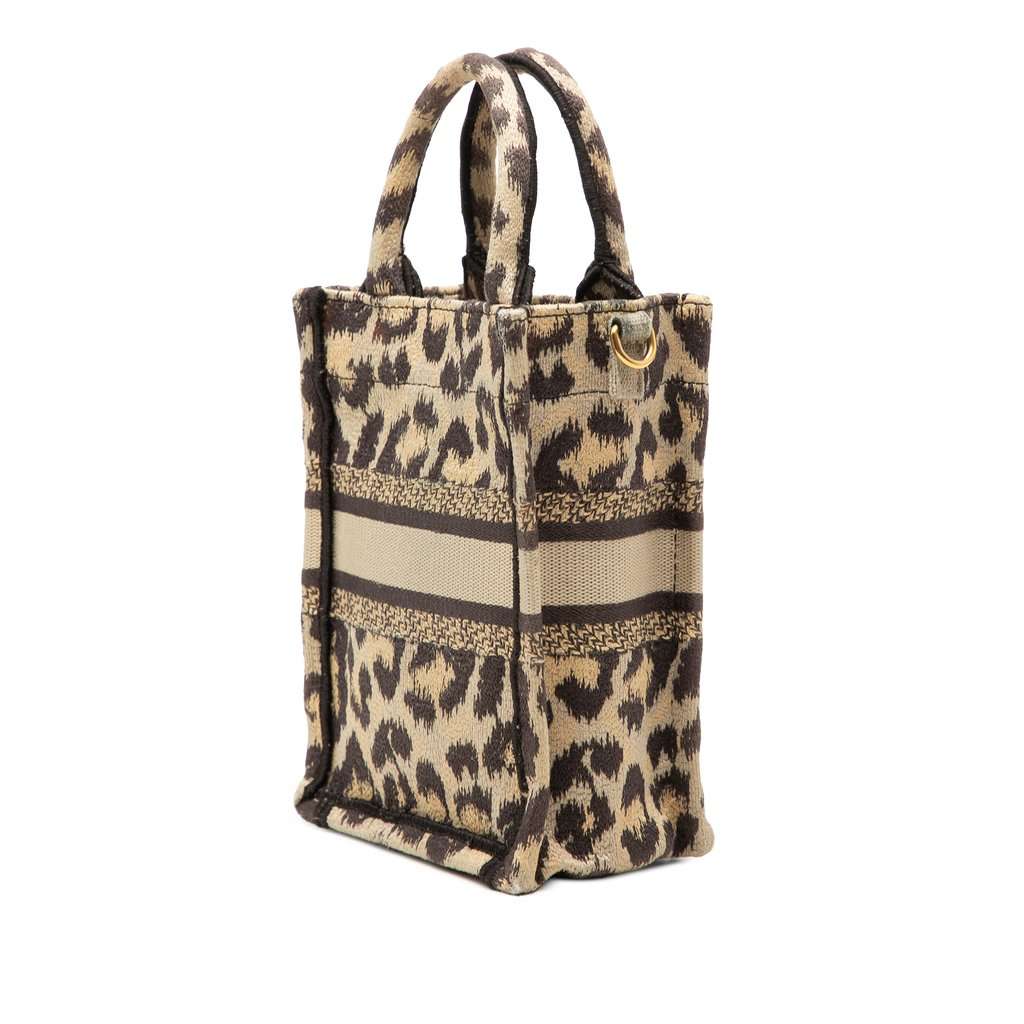 Dior Mizza Mini Embroidered Canvas Leopard Vertical Book Tote Beige Very good condition - Back View