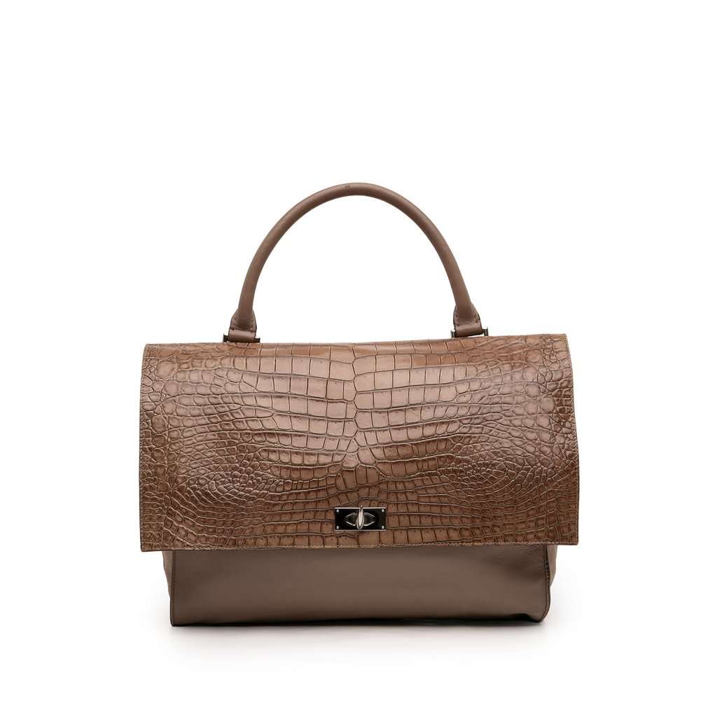 Givenchy Medium Croc Embossed Calfskin Shark Lock Satchel Brown Leather Very good condition - Front View