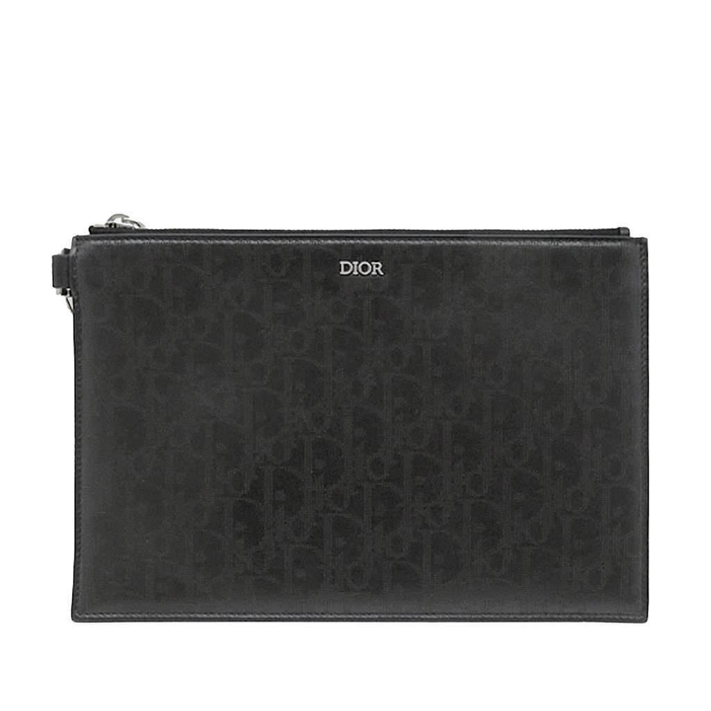 Dior Oblique Perforated Calfskin Galaxy Wristlet Clutch Black Leather Very good - Front View