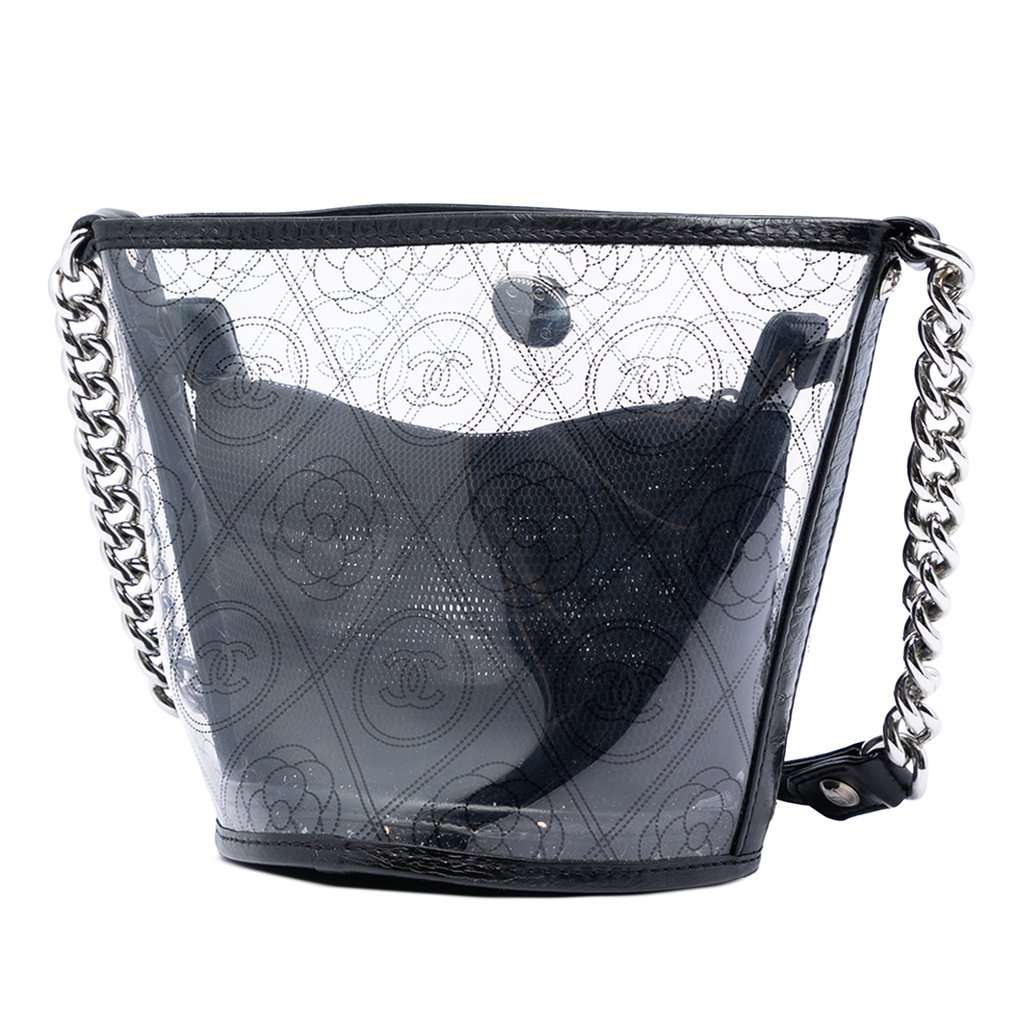 Chanel Small PVC and Crumpled Calfskin Camellia Coco Bucket Bag Black Plastic Very good condition - Back View