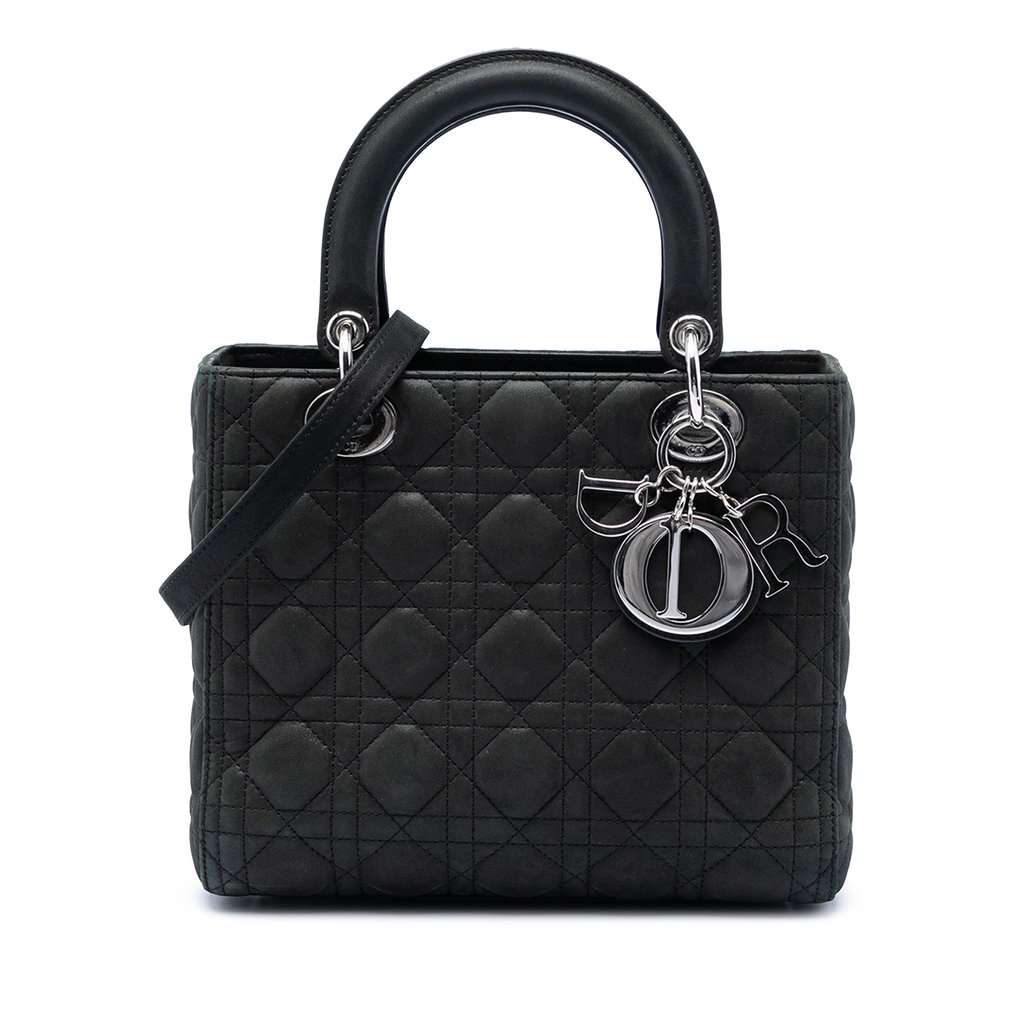 Dior Medium Iridescent Lambskin Cannage Lady Dior Black Leather Very good condition - Front View