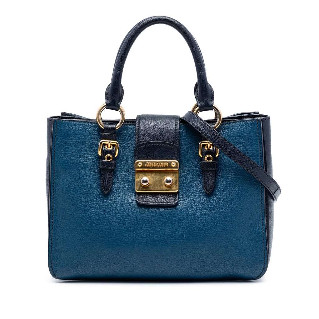 Miu Miu Bicolor Goatskin Madras Satchel Blue Leather Very good condition - Front View