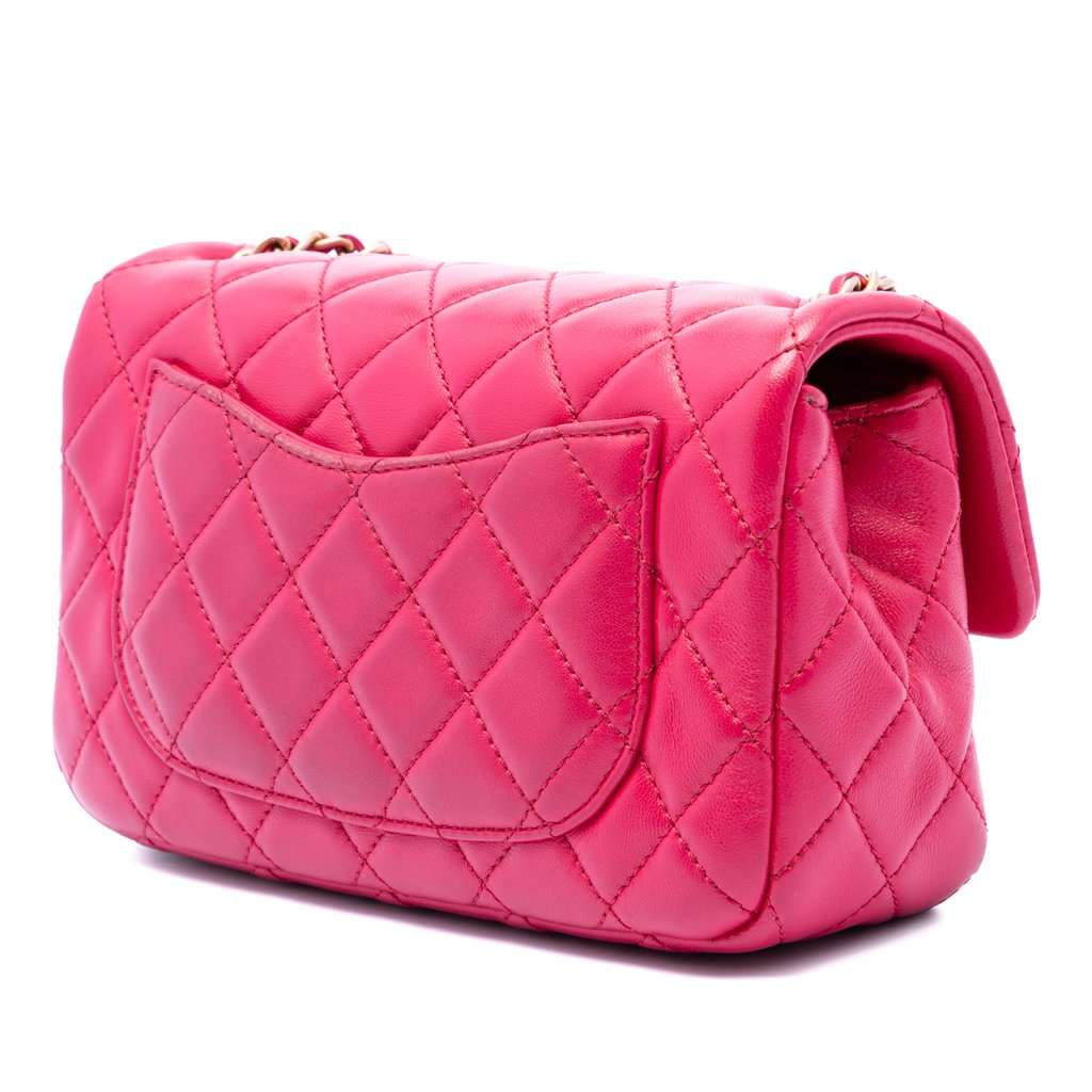 Chanel Mini Rectangular Classic Lambskin Pearl Crush Single Flap Pink Leather Very good condition - Back View