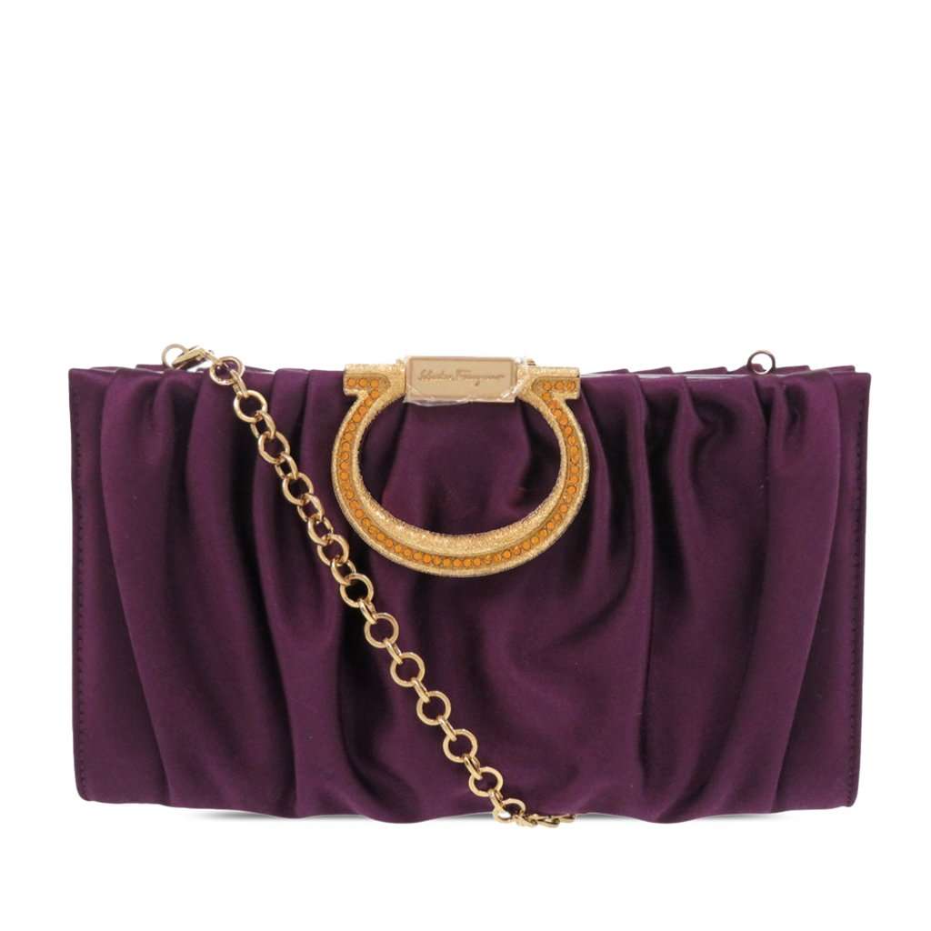 Salvatore Ferragamo Satin Gancini Clutch with Chain Purple Very good condition - Front View
