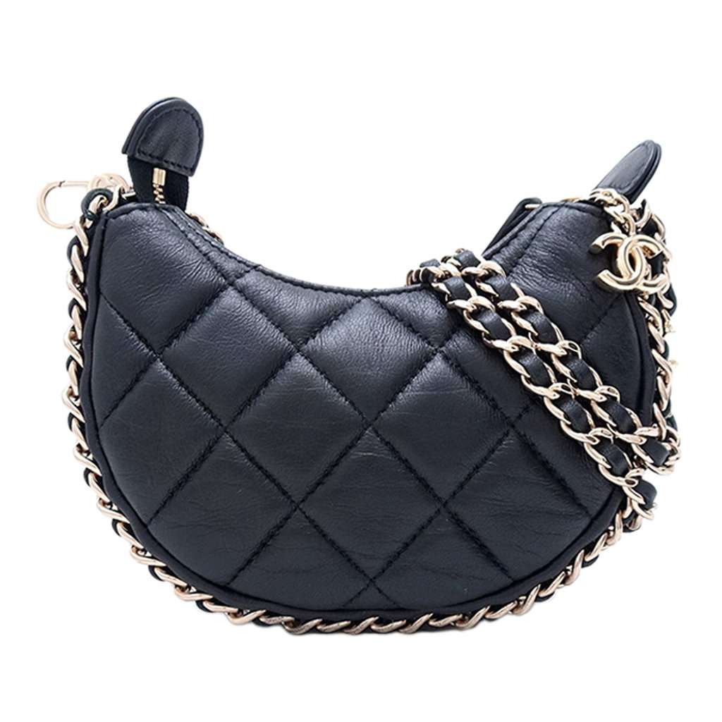 Chanel Mini Quilted Lambskin Chain Around Hook Hobo Black Leather Very good condition - Front View