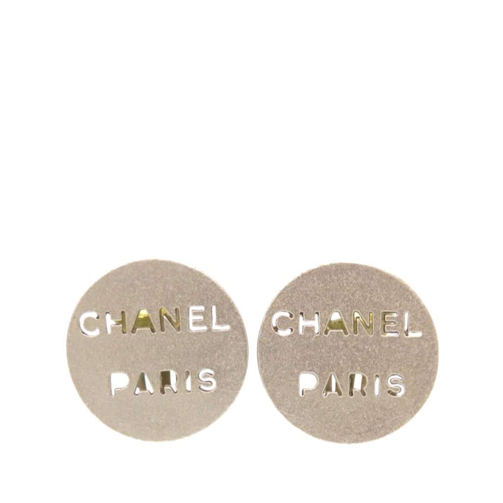 Chanel Brass Cut Out Logo Round Clip On Earrings Silver Metal Very good condition - Front View