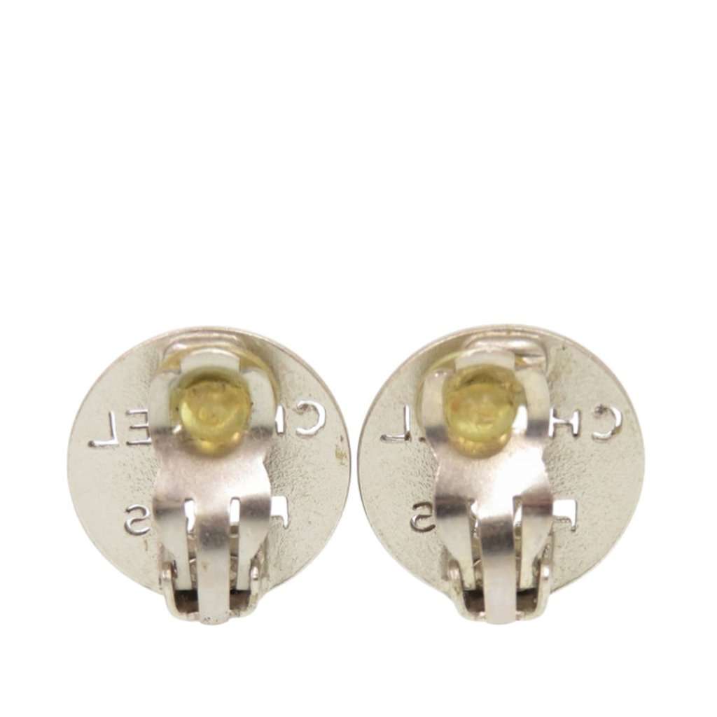 Chanel Brass Cut Out Logo Round Clip On Earrings Silver Metal Very good condition - Back View