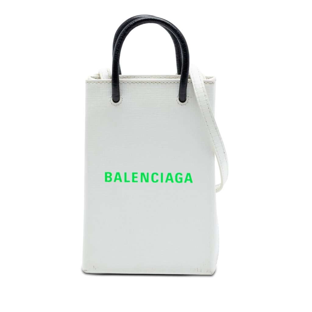Balenciaga Mini Calfskin Logo Shopping Phone Holder White Leather Very good condition - Front View