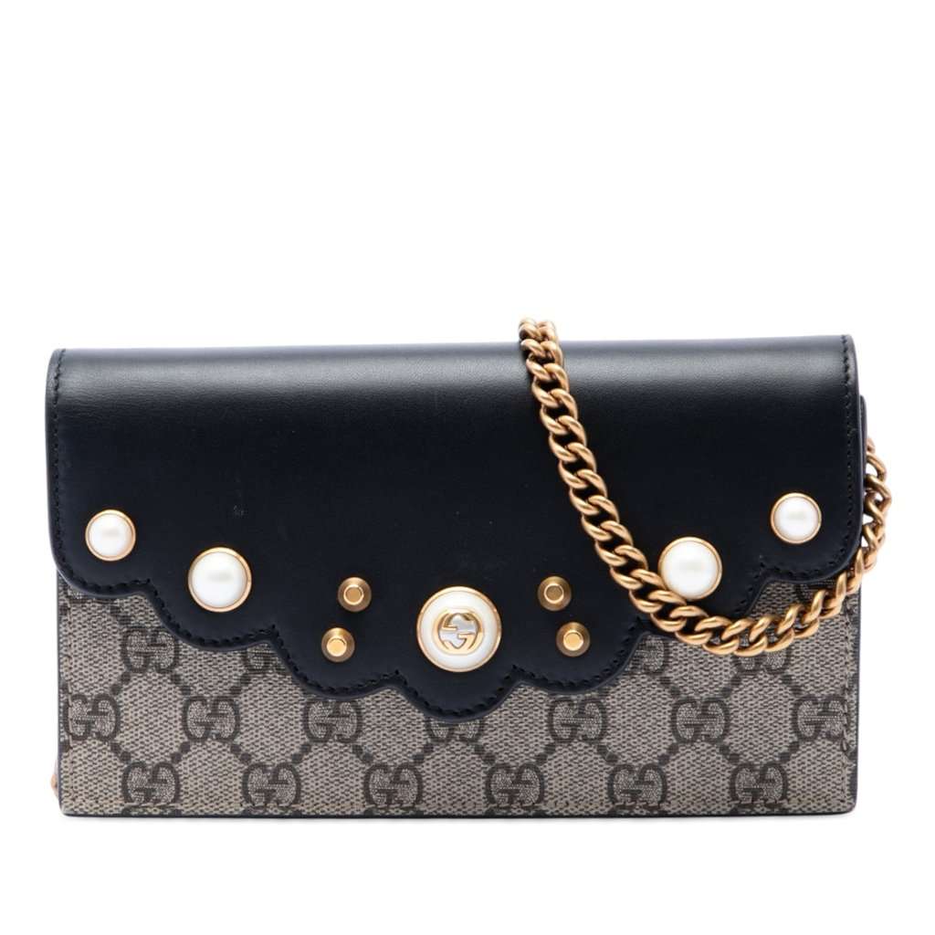 Gucci GG Supreme Peony Pearly Wallet On Chain Beige Very good - Front View