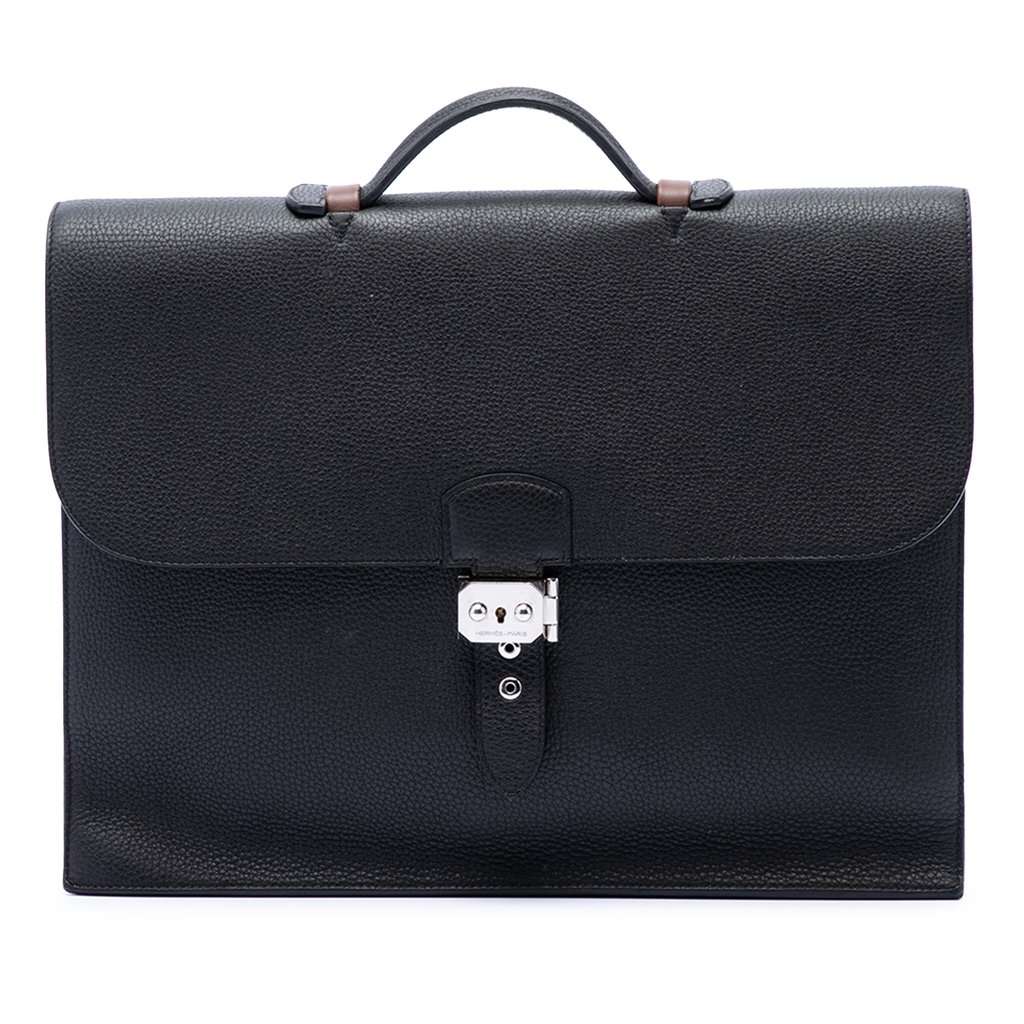 Hermès Togo and Swift Sac A Depeches Verso 38 Black Leather Very good condition - Front View