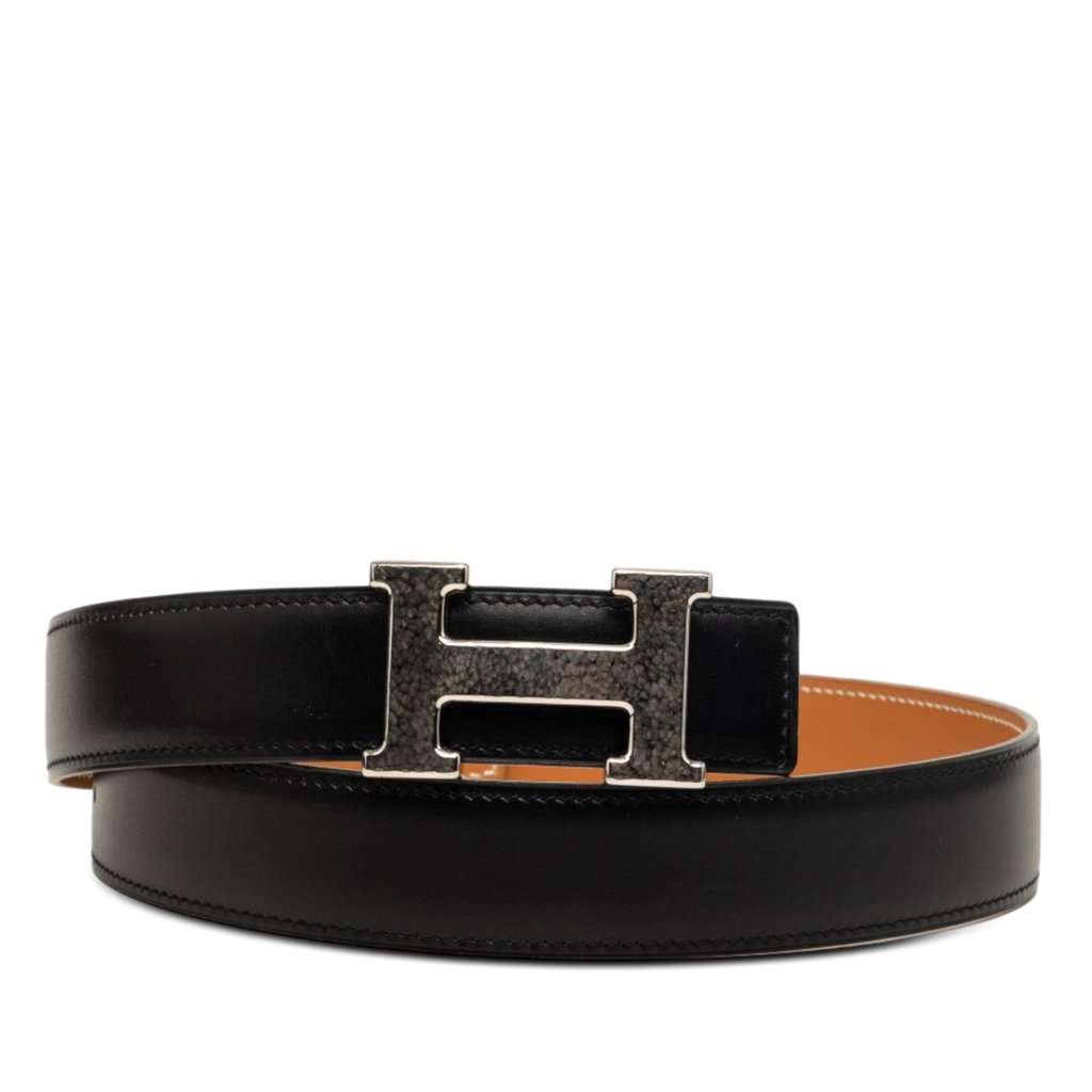 Hermès Box Calf Constance H Martelee Reversible Belt Black Leather Very good - Front View