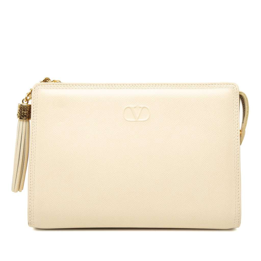 Valentino Grainy Calfskin VLogo Tassel Clutch White Leather Very good condition - Front View