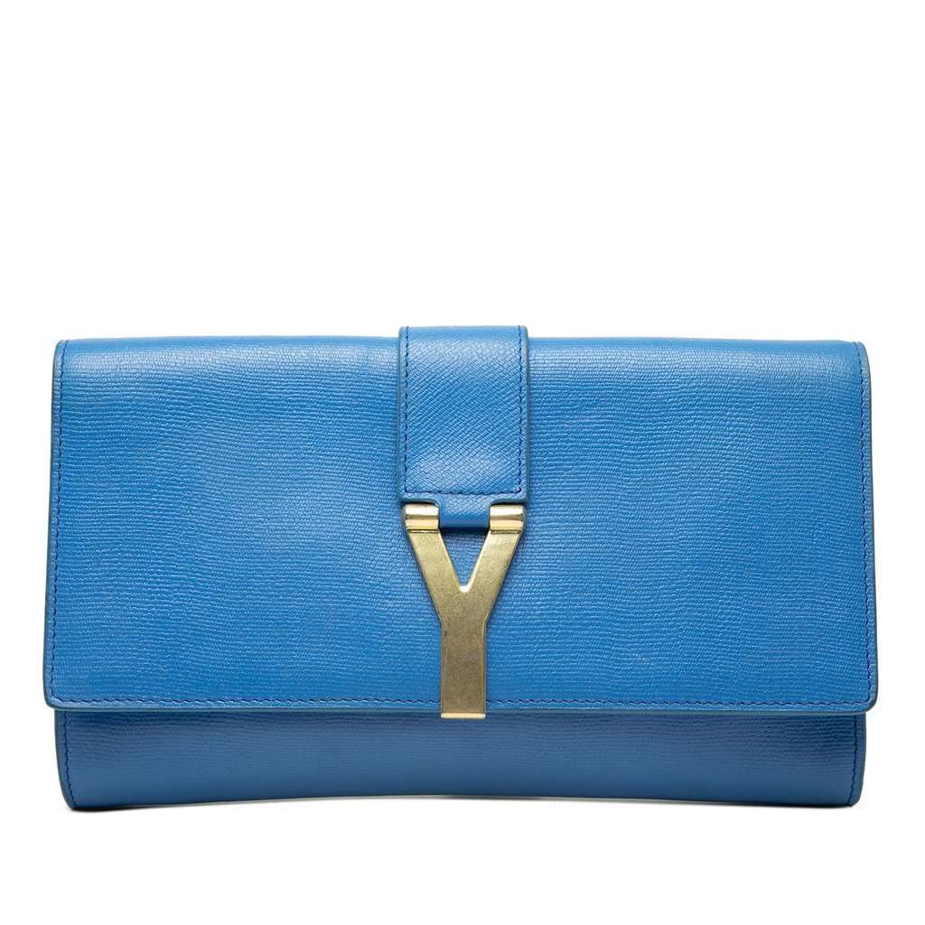 Saint Laurent Textured Leather Chyc Ligne Clutch Blue Leather Very good - Front View