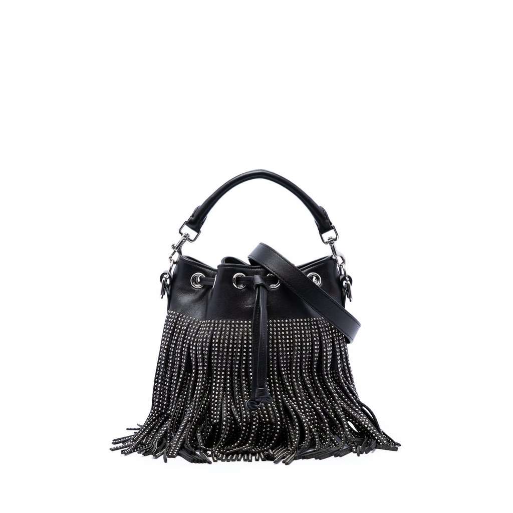 Saint Laurent Small Studded Calfskin Emmanuelle Fringe Bucket Bag Black Leather Very good - Front View