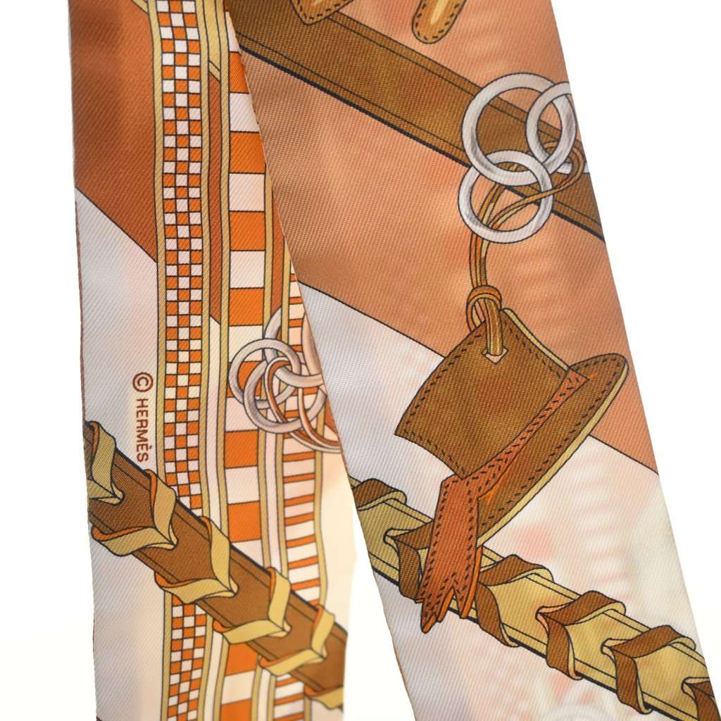 Hermès Brides Et Gris Silk Twilly Scarf Brown Very good - Box View