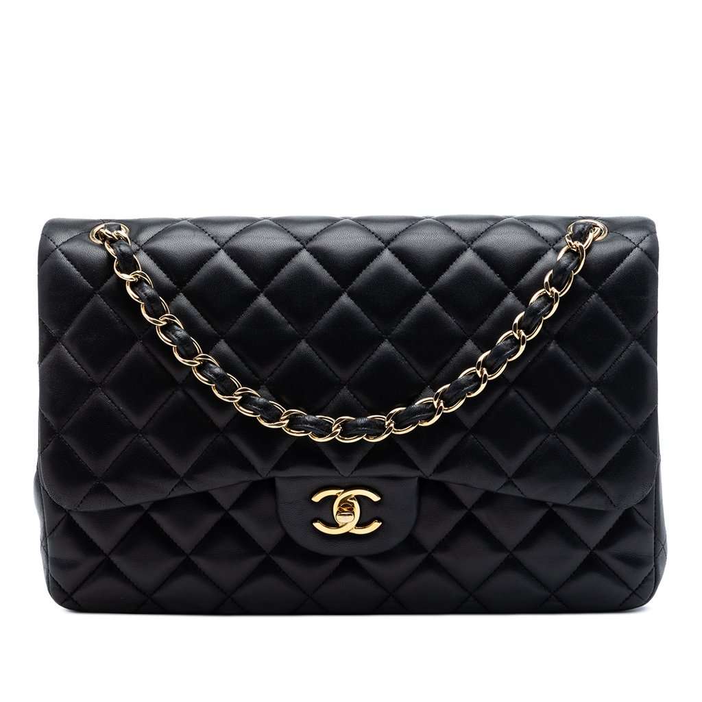 Chanel Jumbo Classic Lambskin Double Flap Black Leather Very good condition - Front View