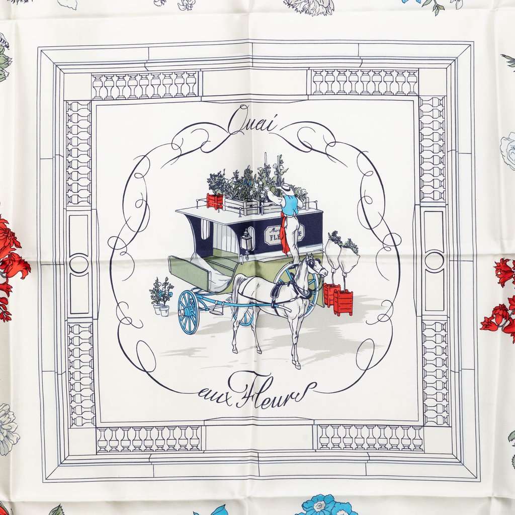 Hermès Quai Aux Fleurs Silk Scarf 90 White Very good condition - Back View