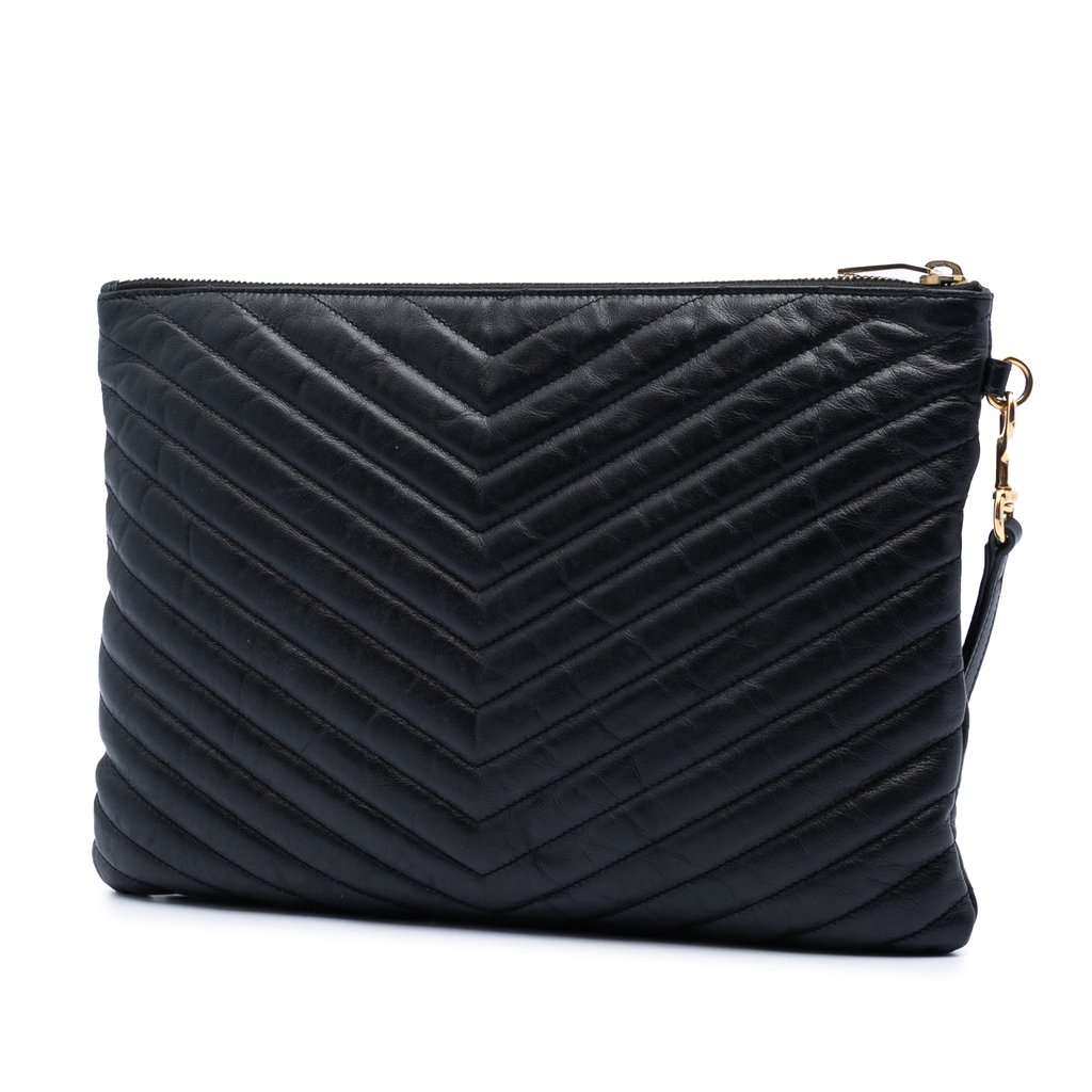 Saint Laurent Chevron Calfskin Monogram Zip A4 Pouch Black Leather Very good condition - Back View
